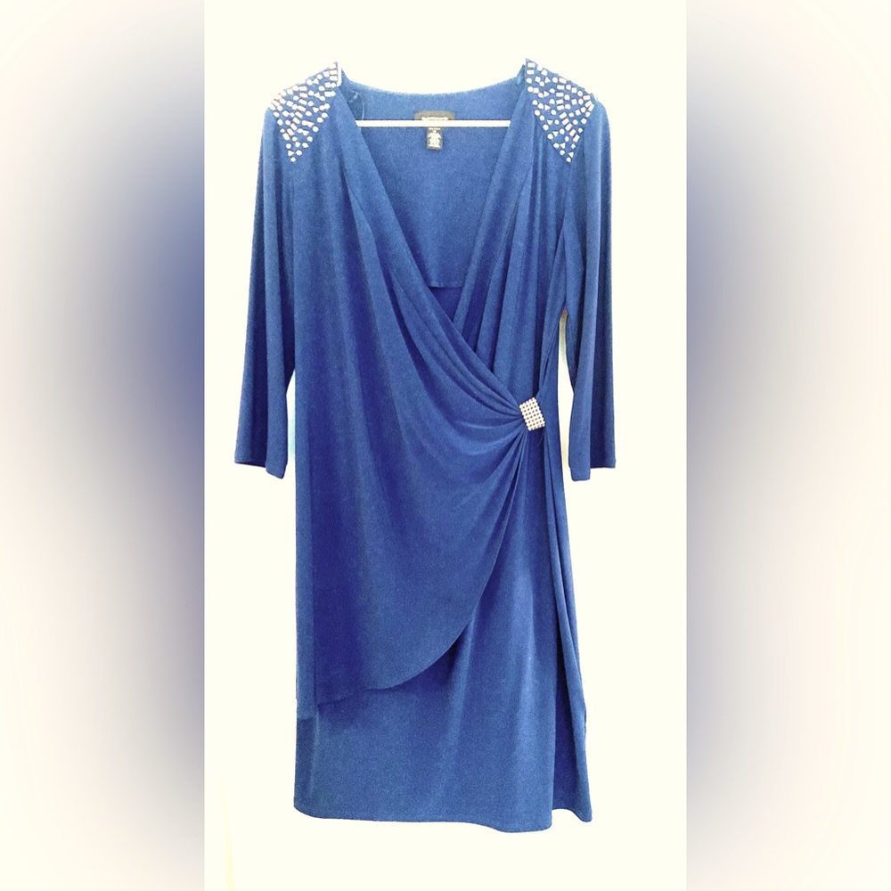 R&M Richards Formal Blue Midi Stretch Flounce 3/4 Sleeve Dress Size 14